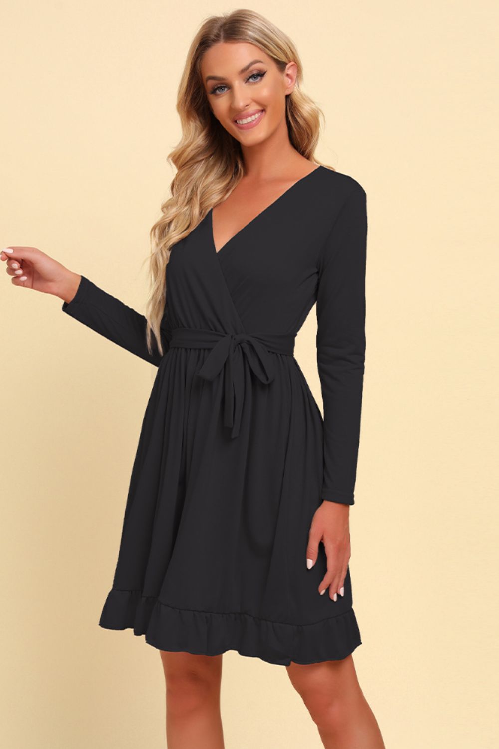 Long Sleeve Tie Waist Ruffle Hem Dress - ViarousViarousViarous
