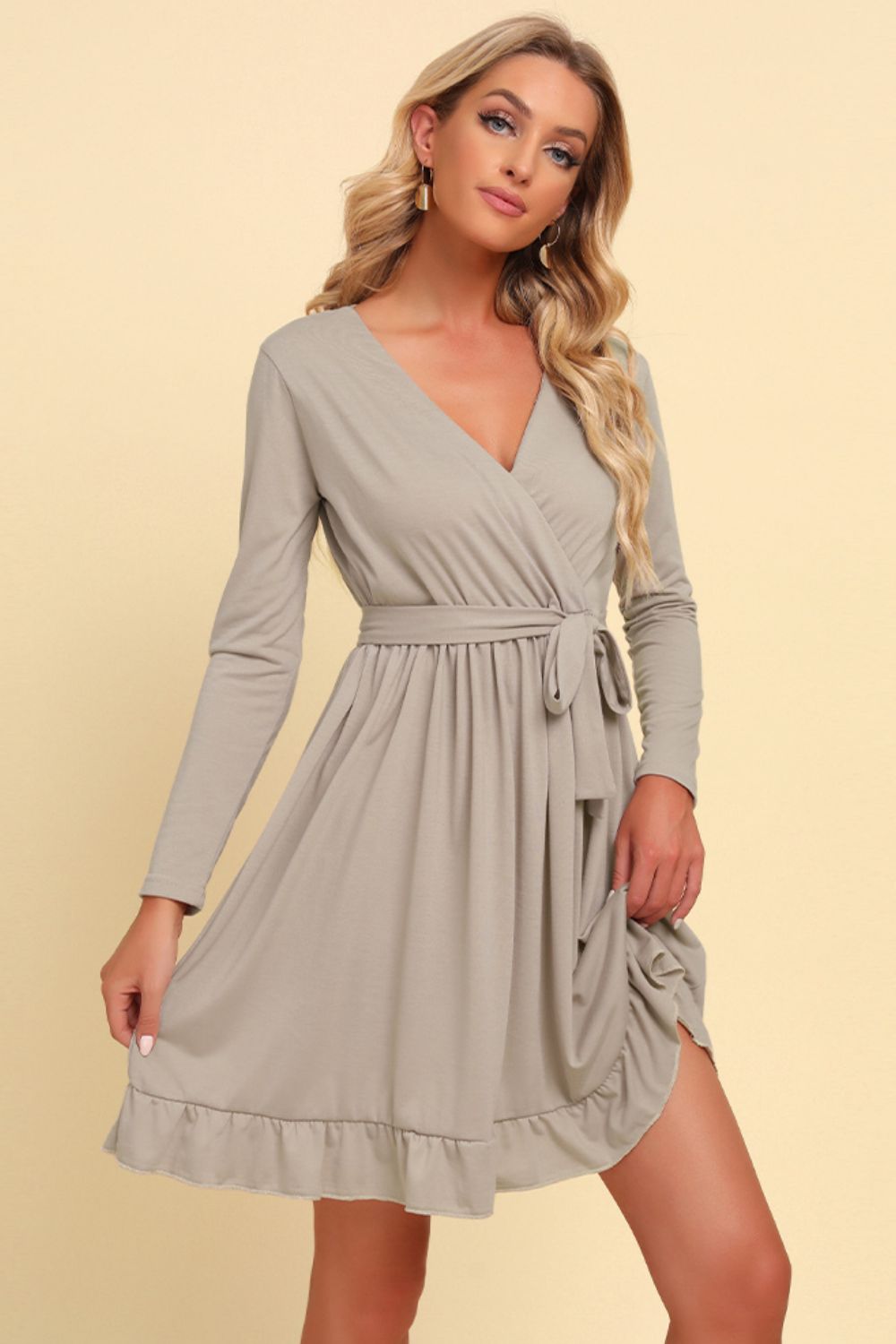Long Sleeve Tie Waist Ruffle Hem Dress - ViarousViarousViarous