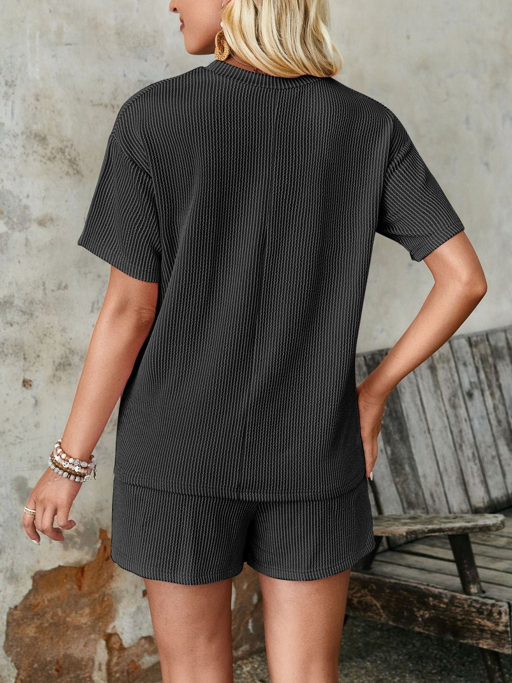 Lovelet Textured Round Neck Short Sleeve Top and Shorts Set - ViarousViarousViarous