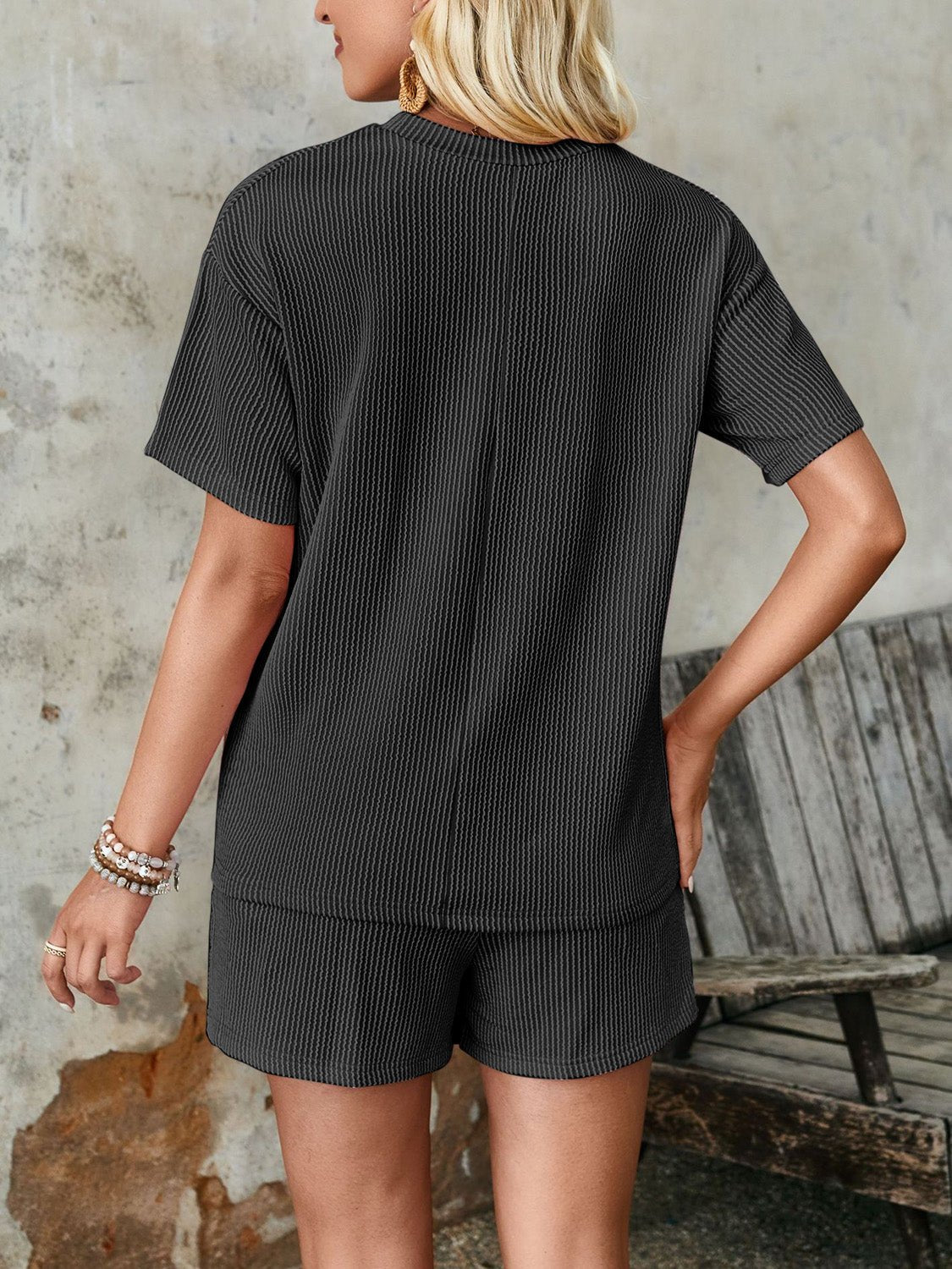 Lovelet Textured Round Neck Short Sleeve Top and Shorts Set - ViarousViarousViarous