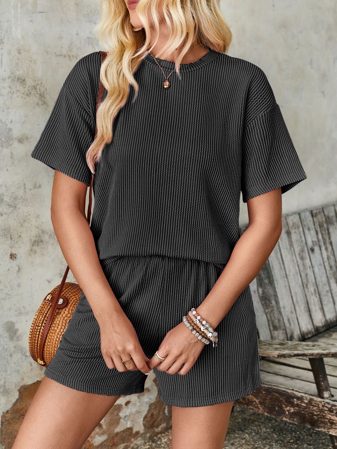 Lovelet Textured Round Neck Short Sleeve Top and Shorts Set - ViarousViarousViarous
