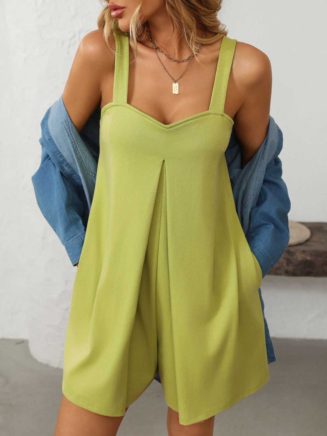 Mandy Sweetheart Neck Wide Strap Romper with Pockets - ViarousViarousViarous