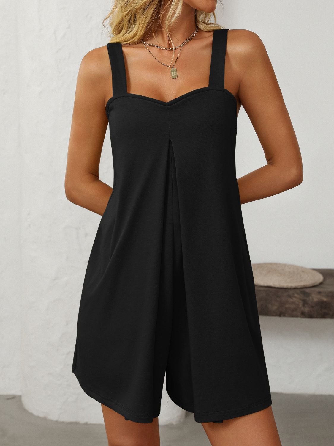 Mandy Sweetheart Neck Wide Strap Romper with Pockets - ViarousViarousViarous