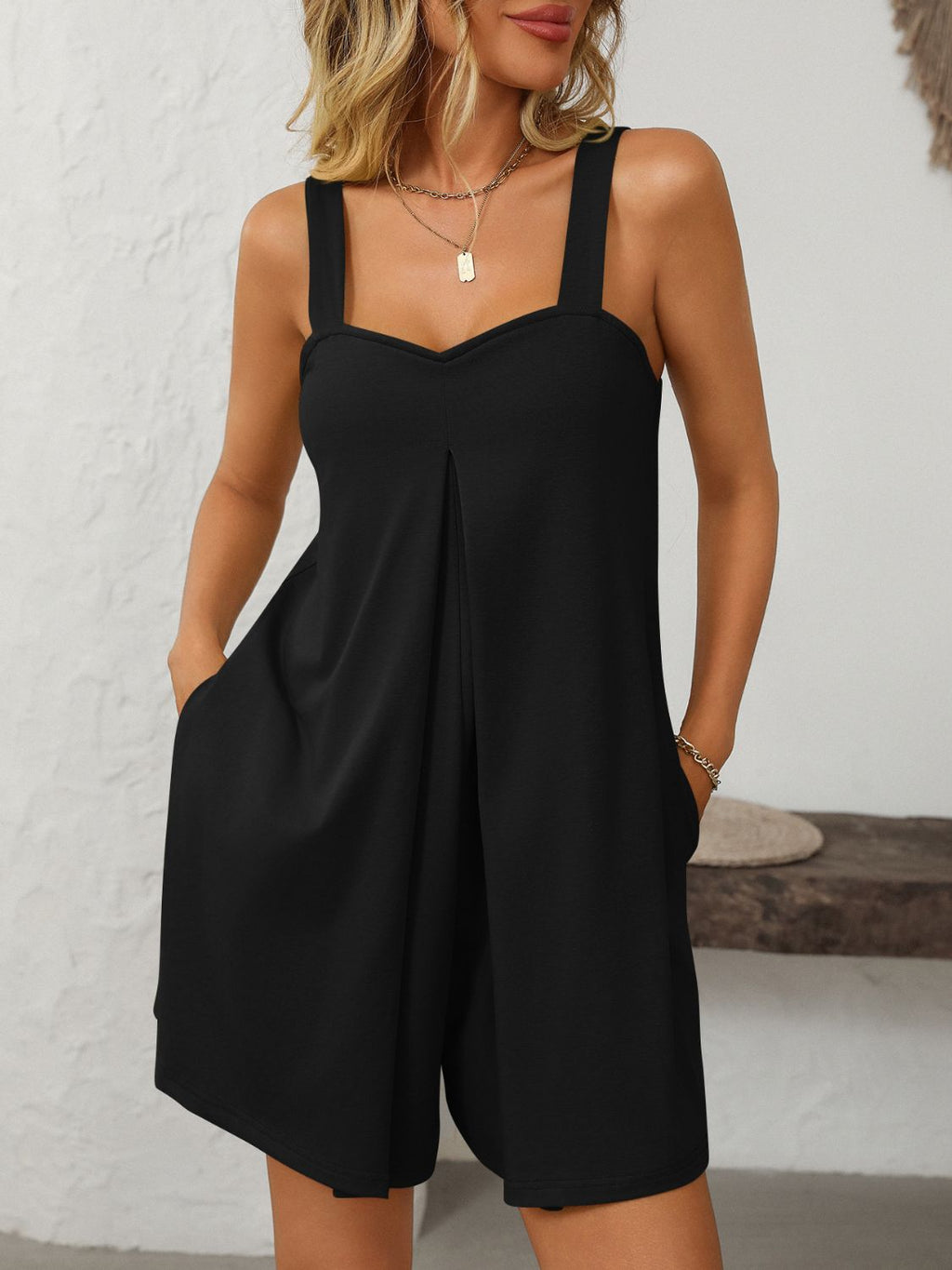 Mandy Sweetheart Neck Wide Strap Romper with Pockets - ViarousViarousViarous