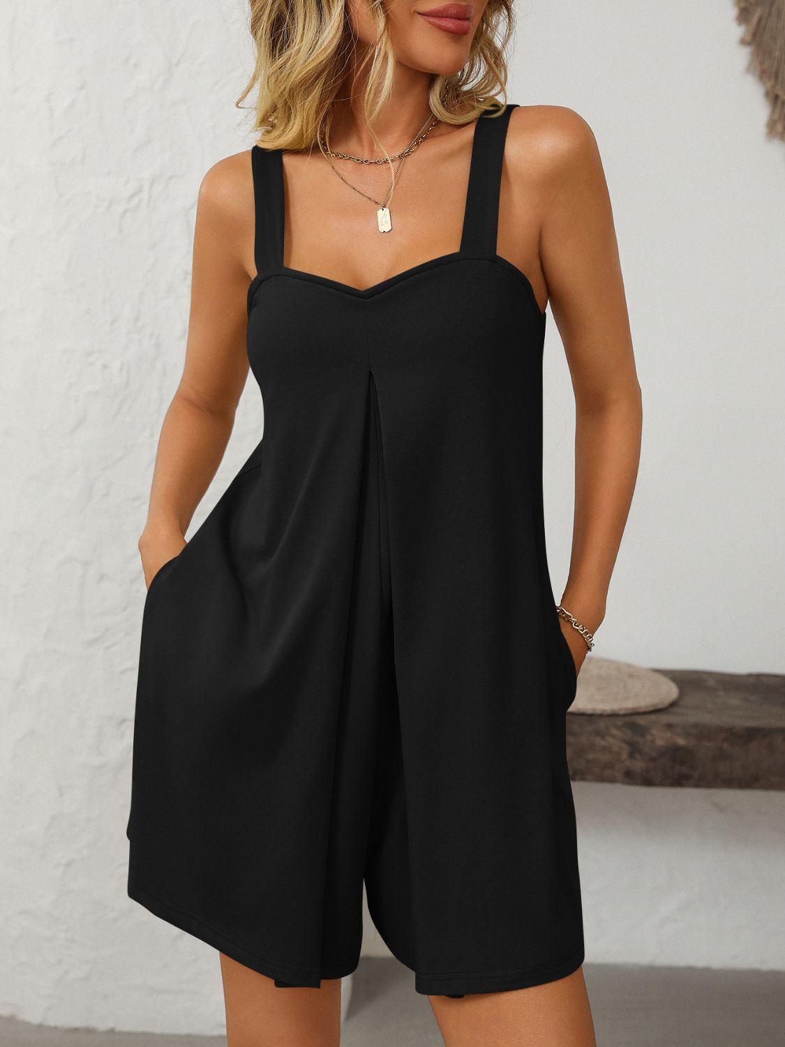Mandy Sweetheart Neck Wide Strap Romper with Pockets - ViarousViarousViarous