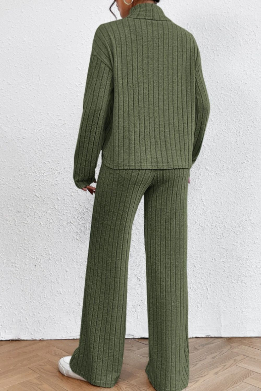 Mock Neck Dropped Shoulder Top and Pants Set - ViarousViarousViarous