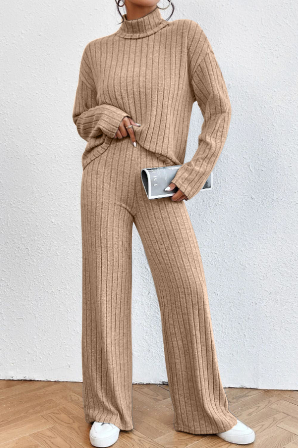 Mock Neck Dropped Shoulder Top and Pants Set - ViarousViarousViarous