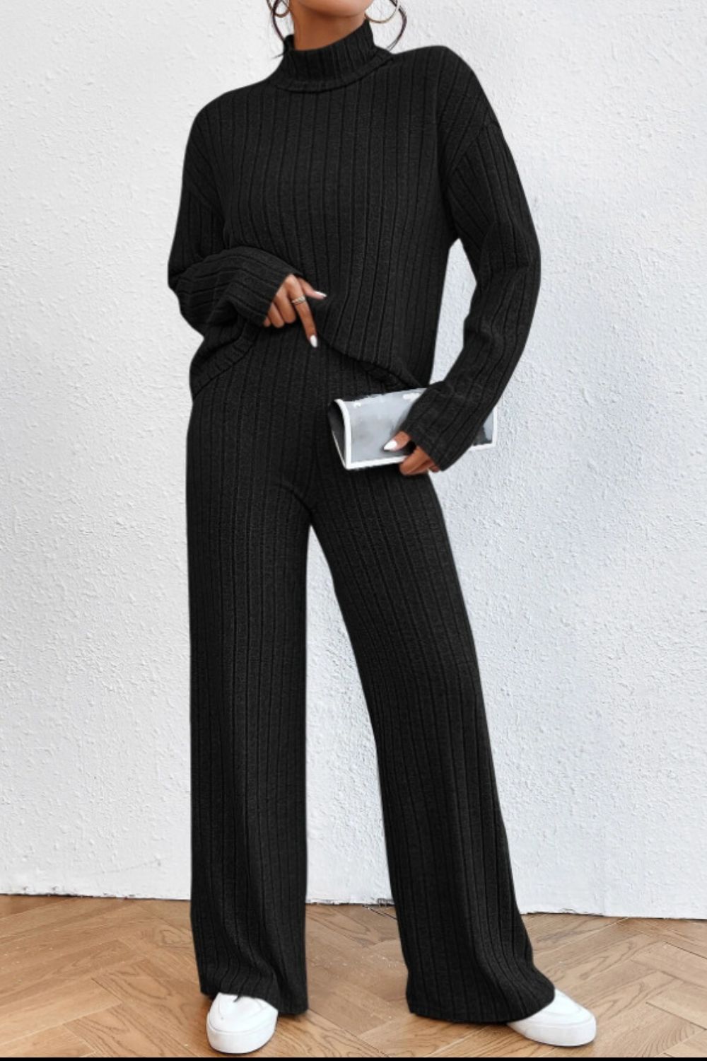 Mock Neck Dropped Shoulder Top and Pants Set - ViarousViarousViarous