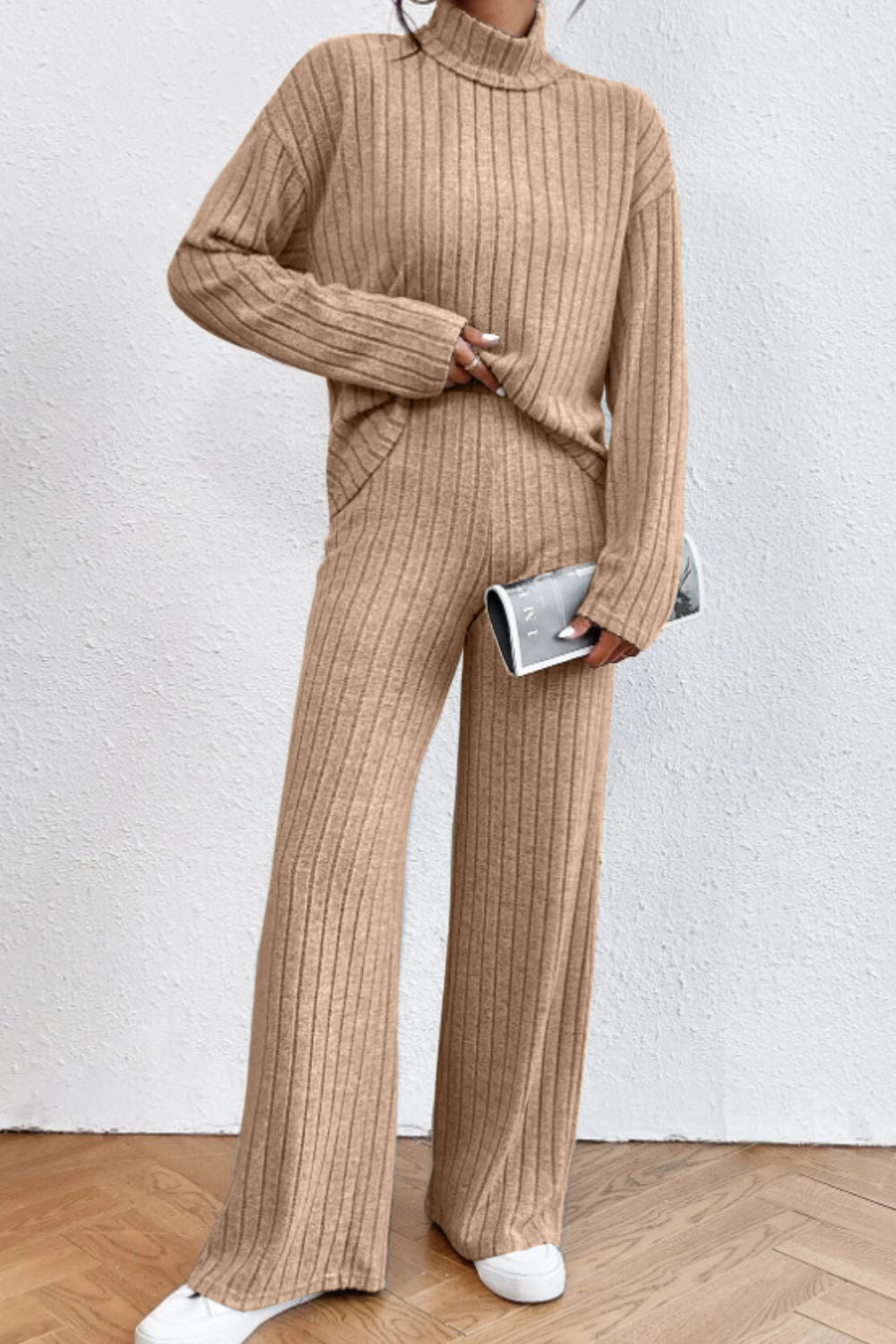 Mock Neck Dropped Shoulder Top and Pants Set - ViarousViarousViarous