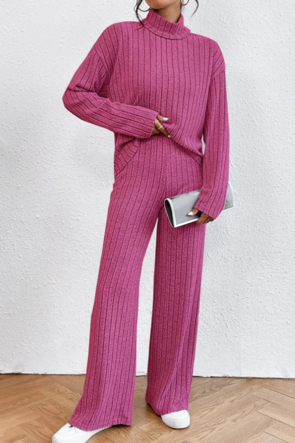 Mock Neck Dropped Shoulder Top and Pants Set - ViarousViarousViarous