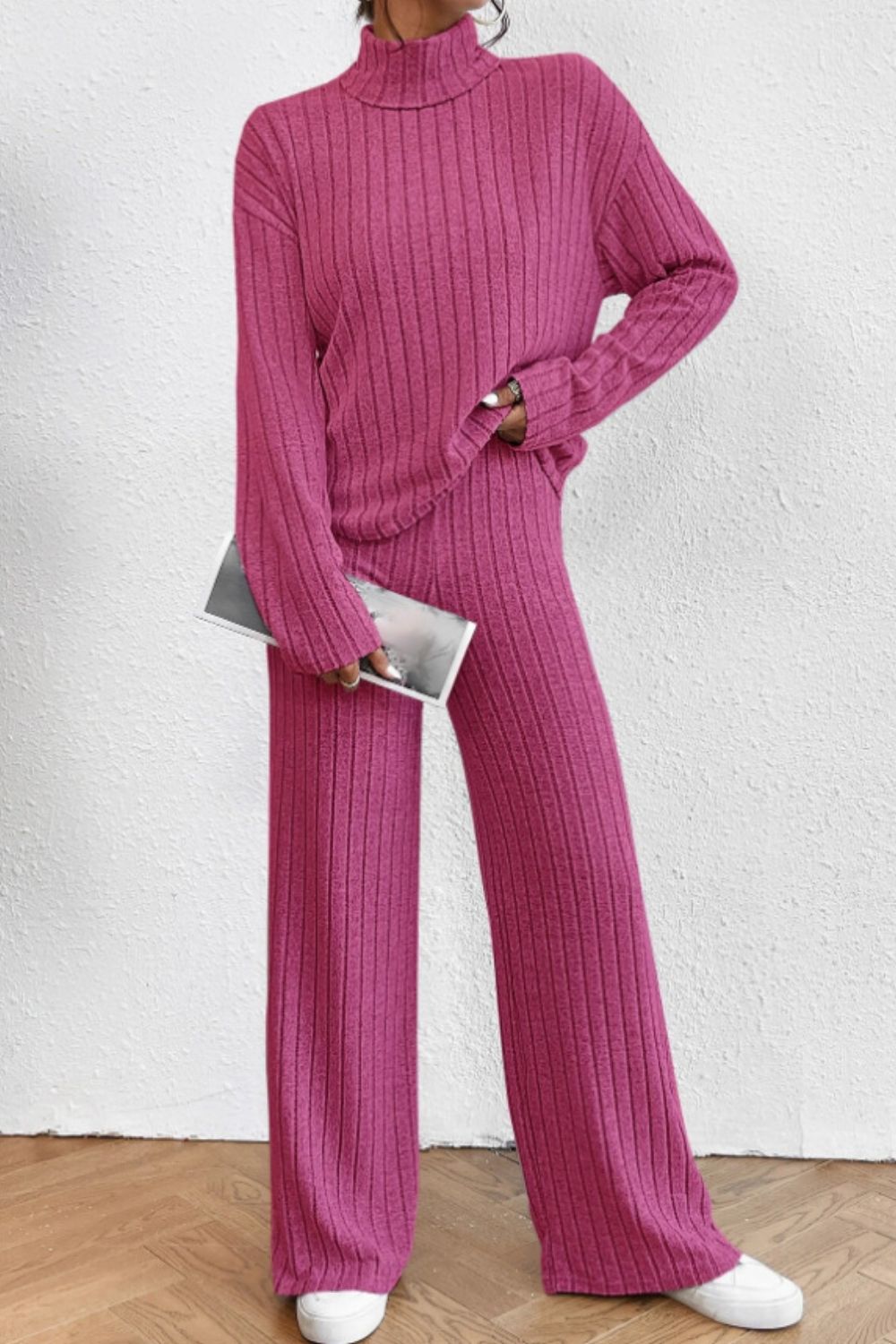 Mock Neck Dropped Shoulder Top and Pants Set - ViarousViarousViarous