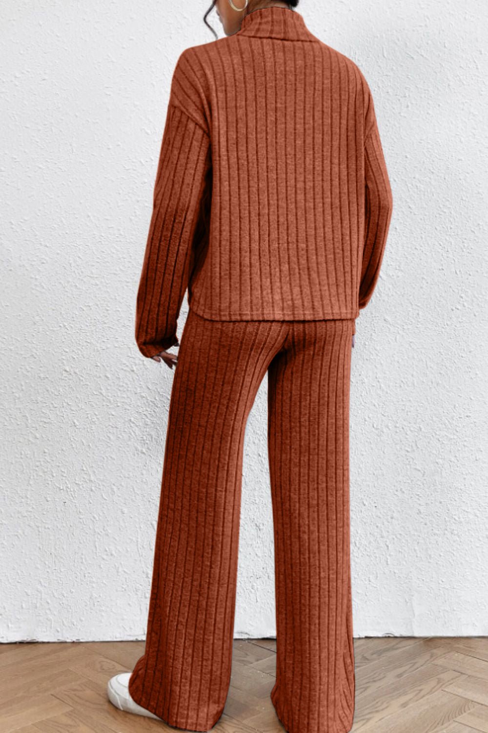 Mock Neck Dropped Shoulder Top and Pants Set - ViarousViarousViarous