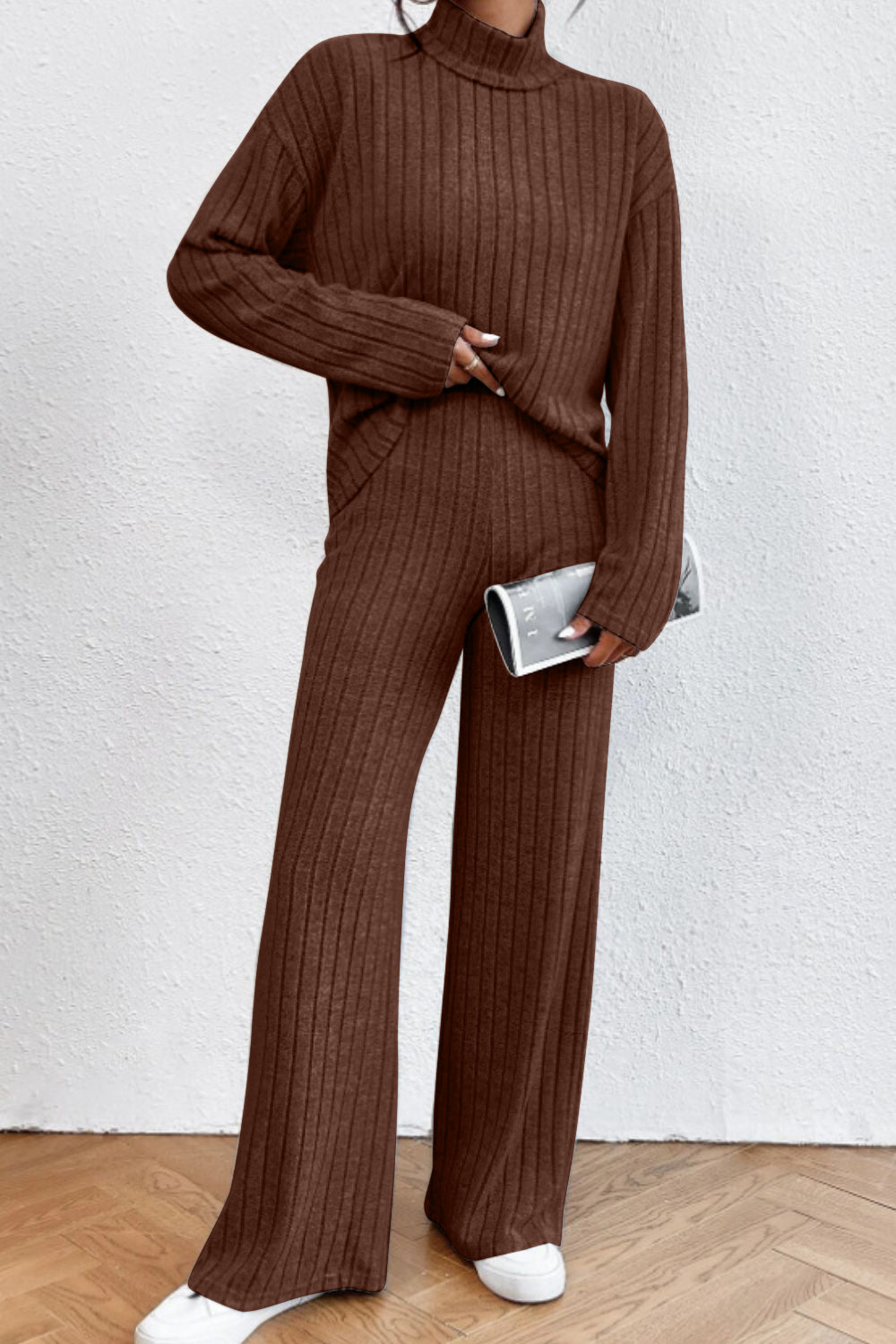 Mock Neck Dropped Shoulder Top and Pants Set - ViarousViarousViarous