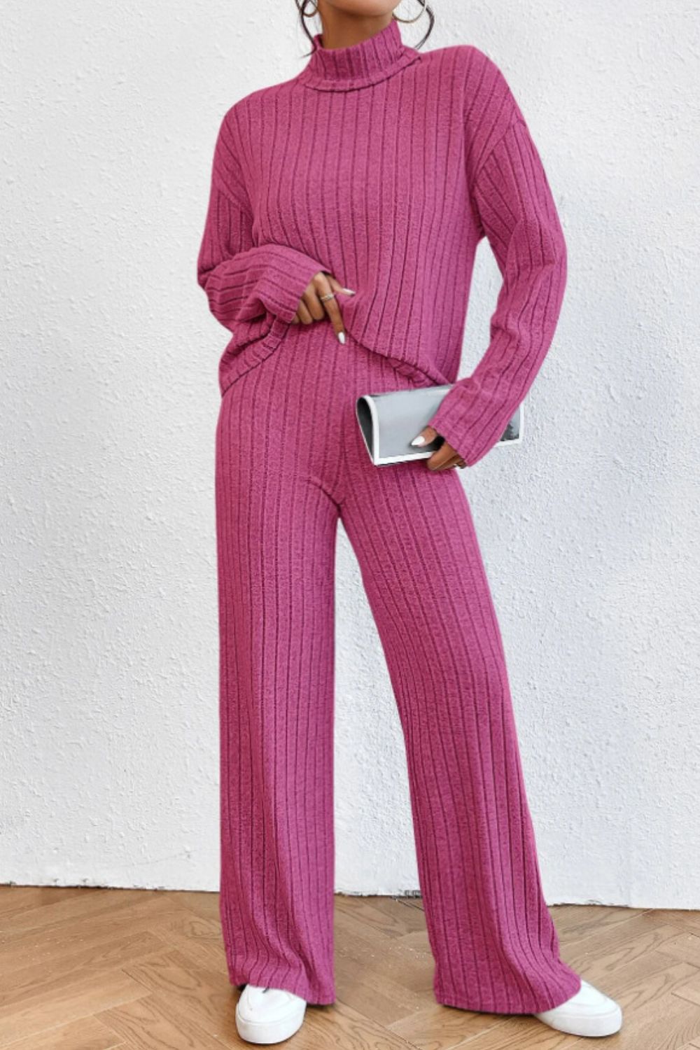 Mock Neck Dropped Shoulder Top and Pants Set - ViarousViarousViarous
