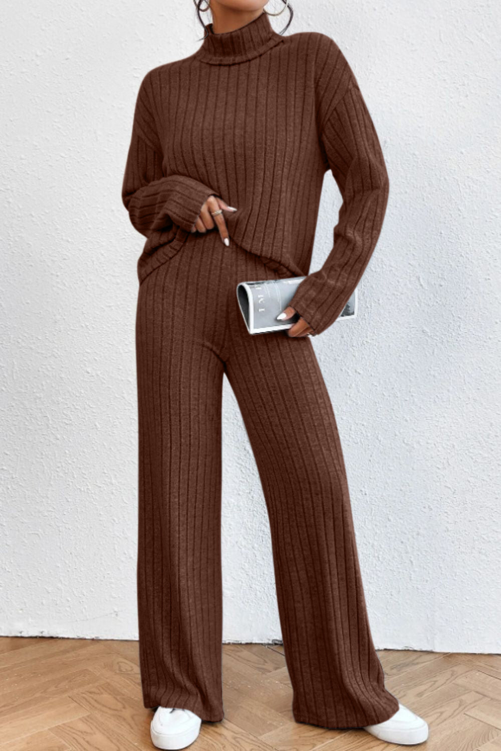 Mock Neck Dropped Shoulder Top and Pants Set - ViarousViarousViarous