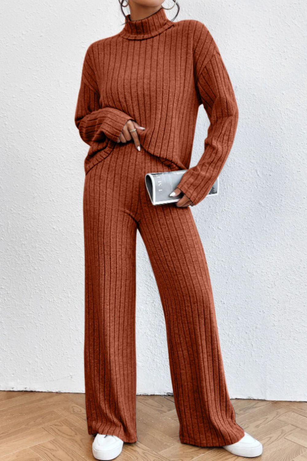 Mock Neck Dropped Shoulder Top and Pants Set - ViarousViarousViarous