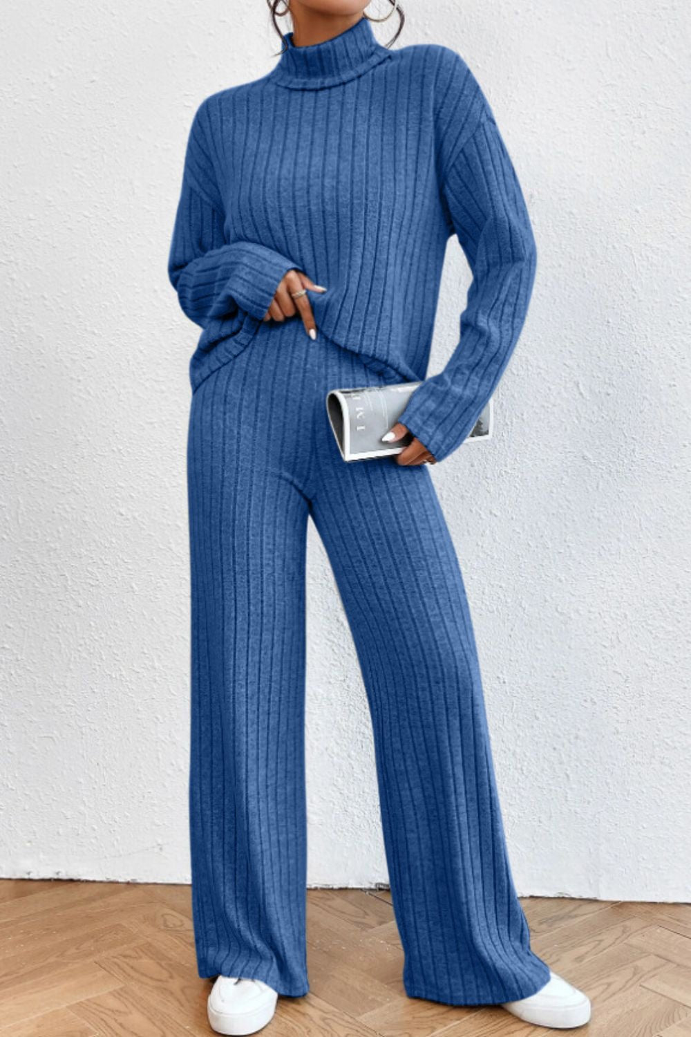 Mock Neck Dropped Shoulder Top and Pants Set - ViarousViarousViarous