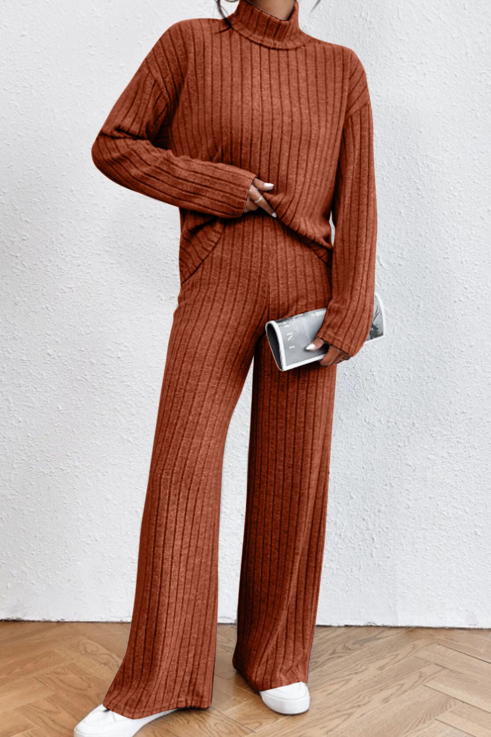 Mock Neck Dropped Shoulder Top and Pants Set - ViarousViarousViarous