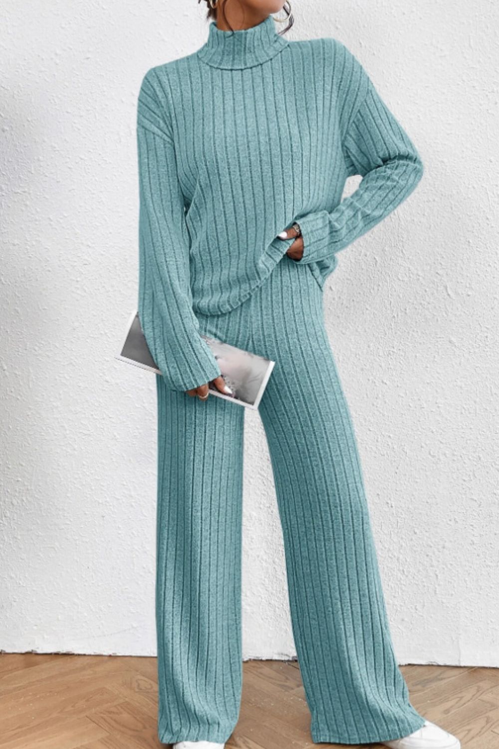 Mock Neck Dropped Shoulder Top and Pants Set - ViarousViarousViarous