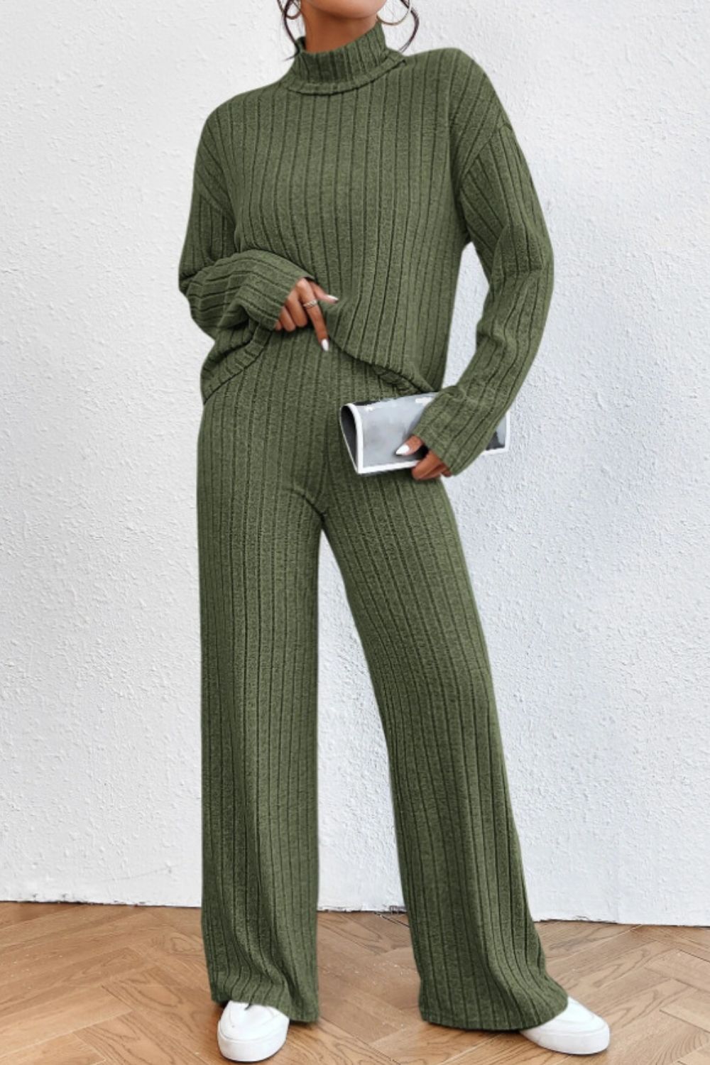Mock Neck Dropped Shoulder Top and Pants Set - ViarousViarousViarous