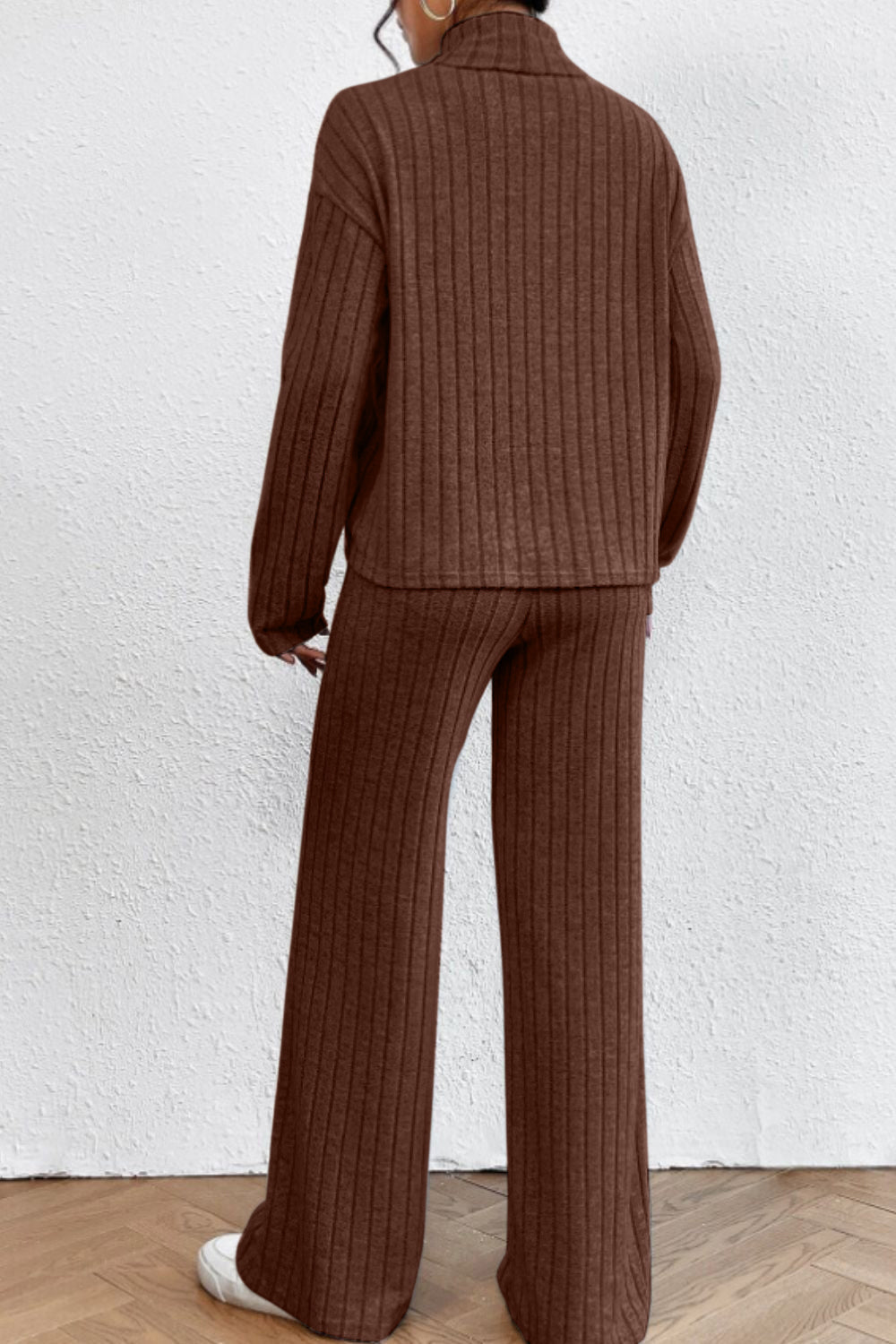 Mock Neck Dropped Shoulder Top and Pants Set - ViarousViarousViarous