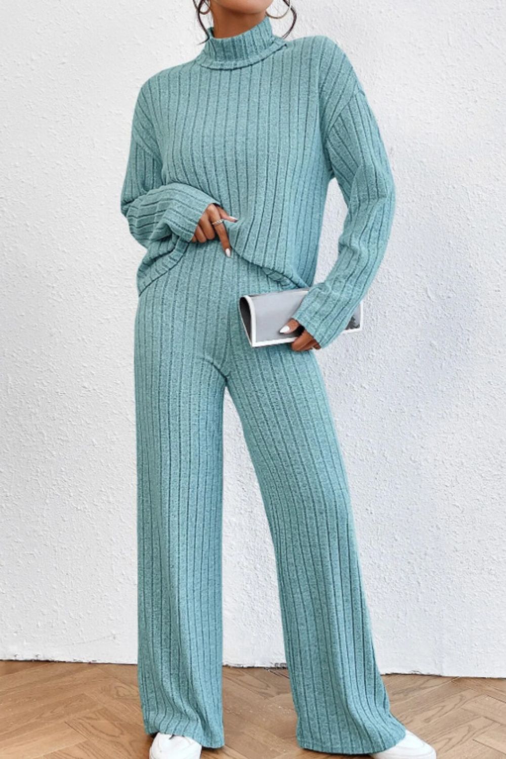 Mock Neck Dropped Shoulder Top and Pants Set - ViarousViarousViarous