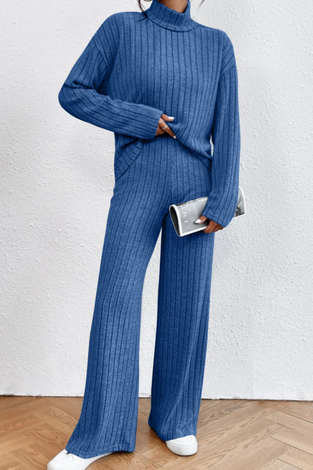 Mock Neck Dropped Shoulder Top and Pants Set - ViarousViarousViarous