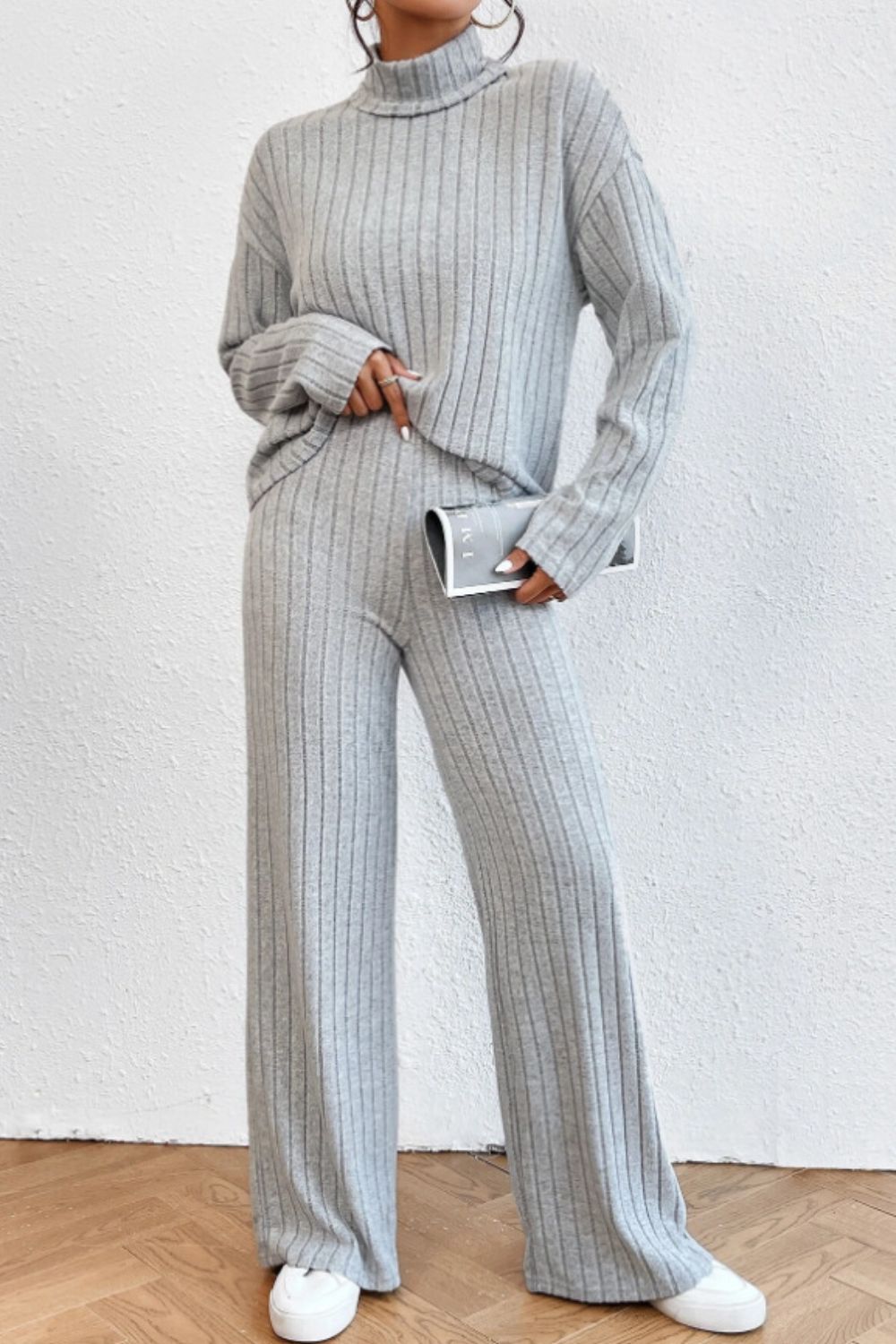 Mock Neck Dropped Shoulder Top and Pants Set - ViarousViarousViarous