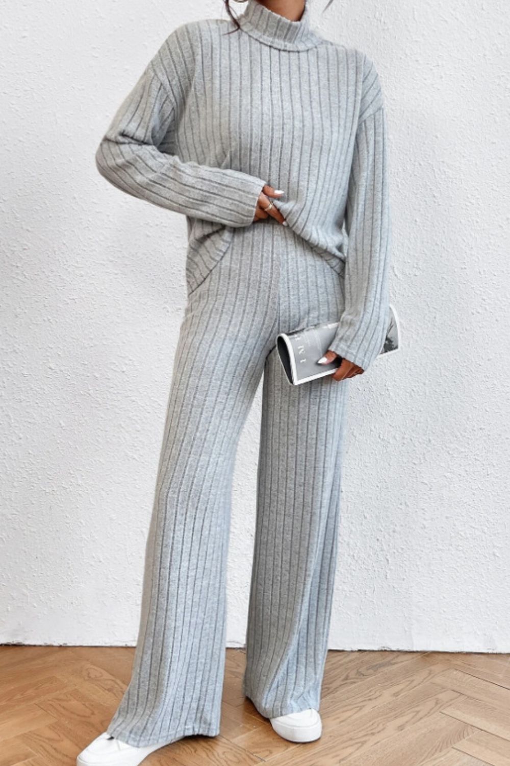 Mock Neck Dropped Shoulder Top and Pants Set - ViarousViarousViarous