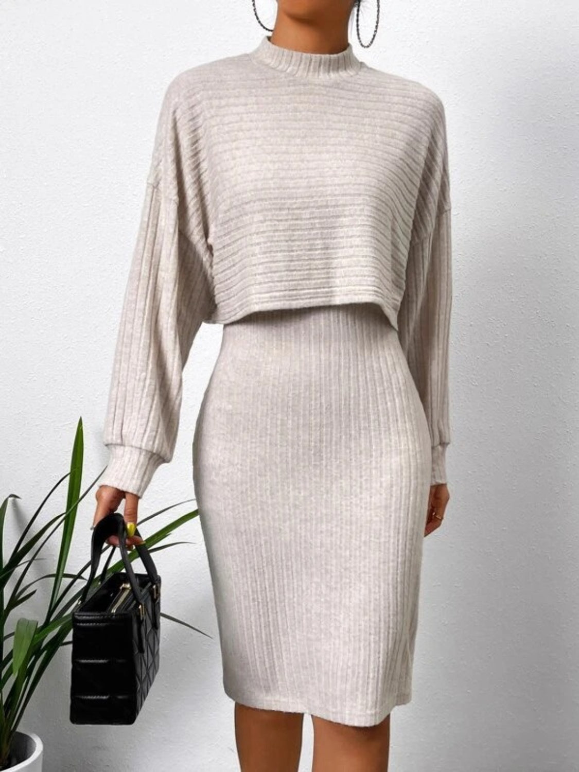 Mock Neck Long Sleeve Top and Wide Strap Dress Set - ViarousViarousViarous