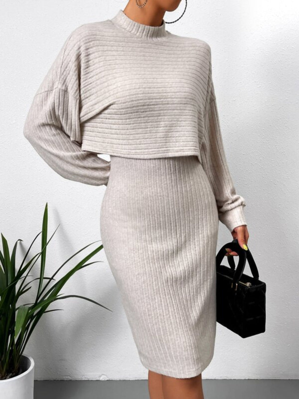 Mock Neck Long Sleeve Top and Wide Strap Dress Set - ViarousViarousViarous