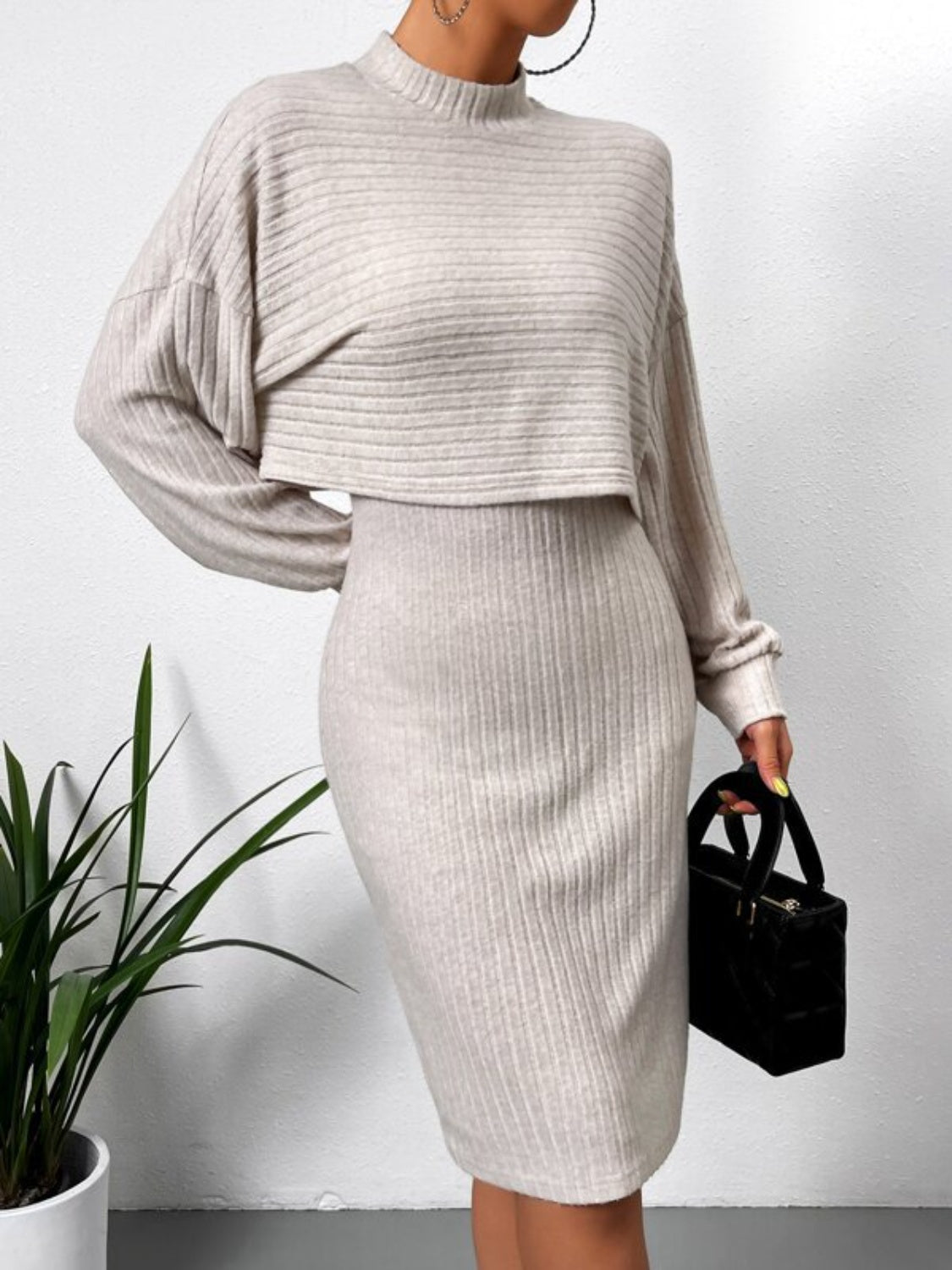 Mock Neck Long Sleeve Top and Wide Strap Dress Set - ViarousViarousViarous
