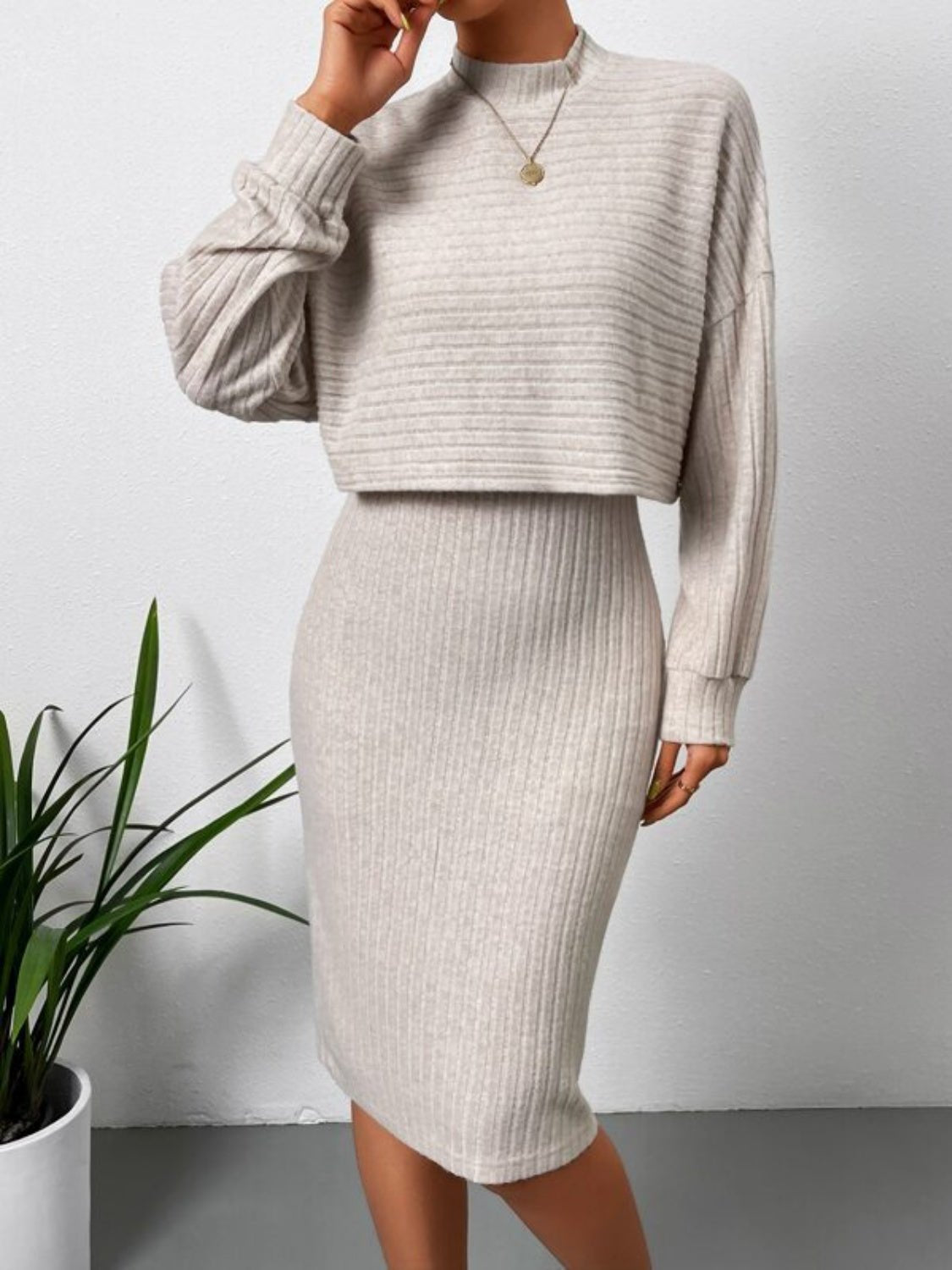 Mock Neck Long Sleeve Top and Wide Strap Dress Set - ViarousViarousViarous