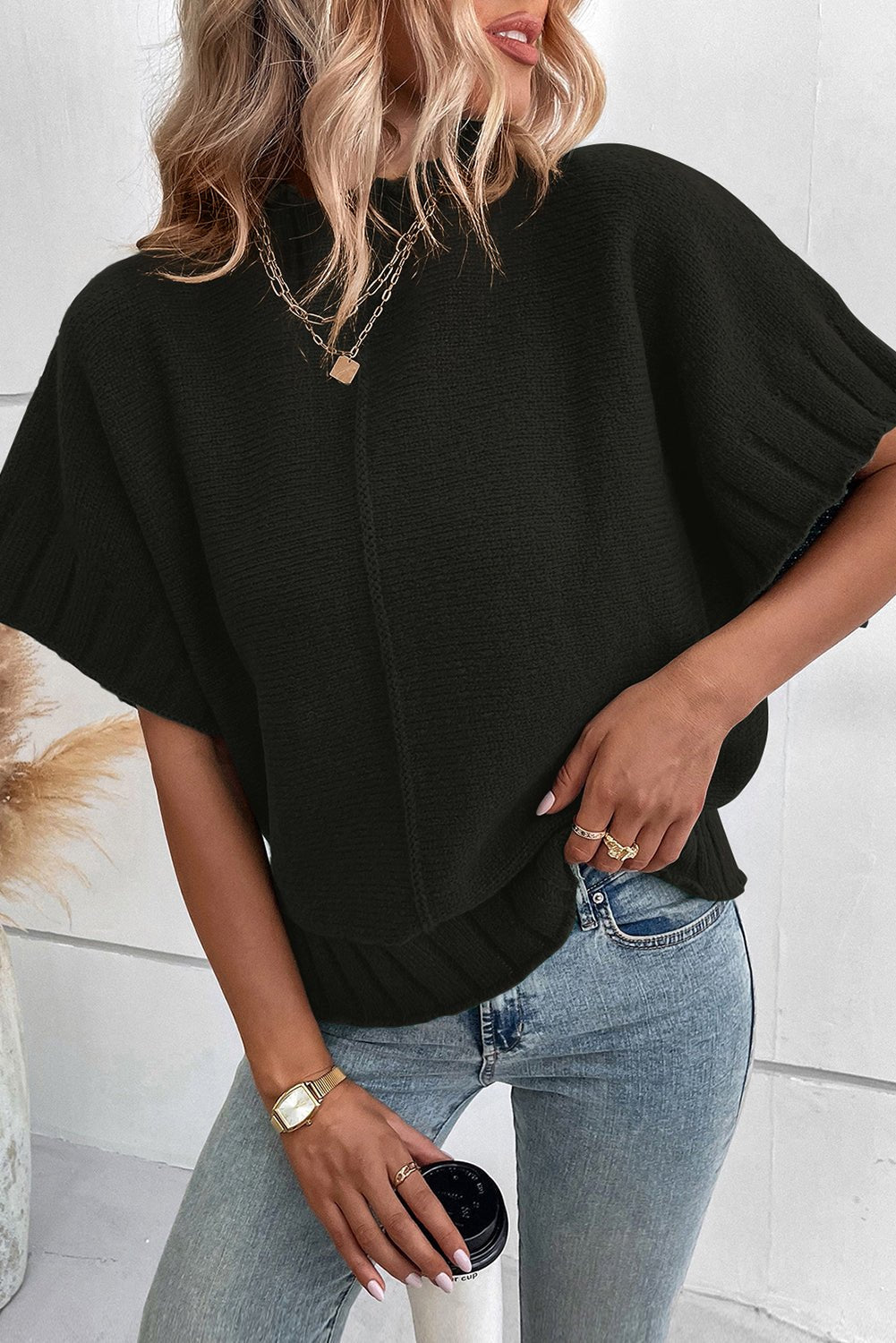 Mock Neck Short Sleeve Sweater - ViarousViarousViarous