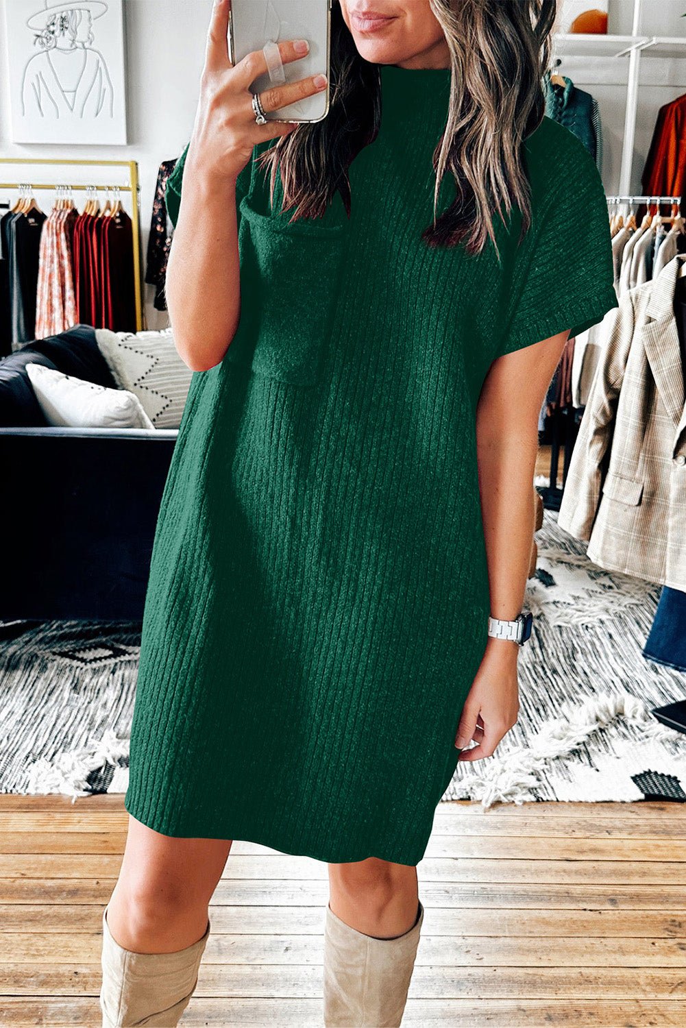 Mock Neck Short Sleeve Sweater Dress - ViarousViarousViarous