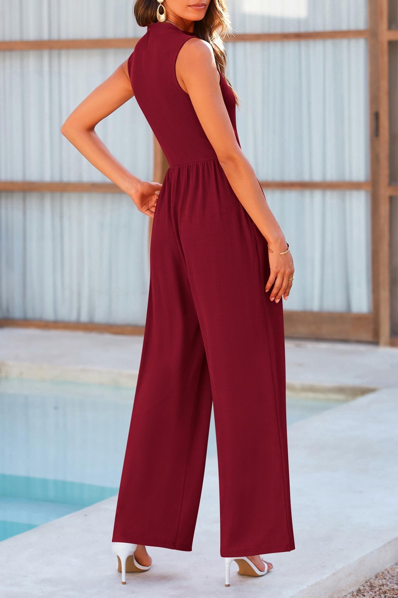 Mock Neck Sleeveless Wide Leg Jumpsuit - ViarousViarousViarous