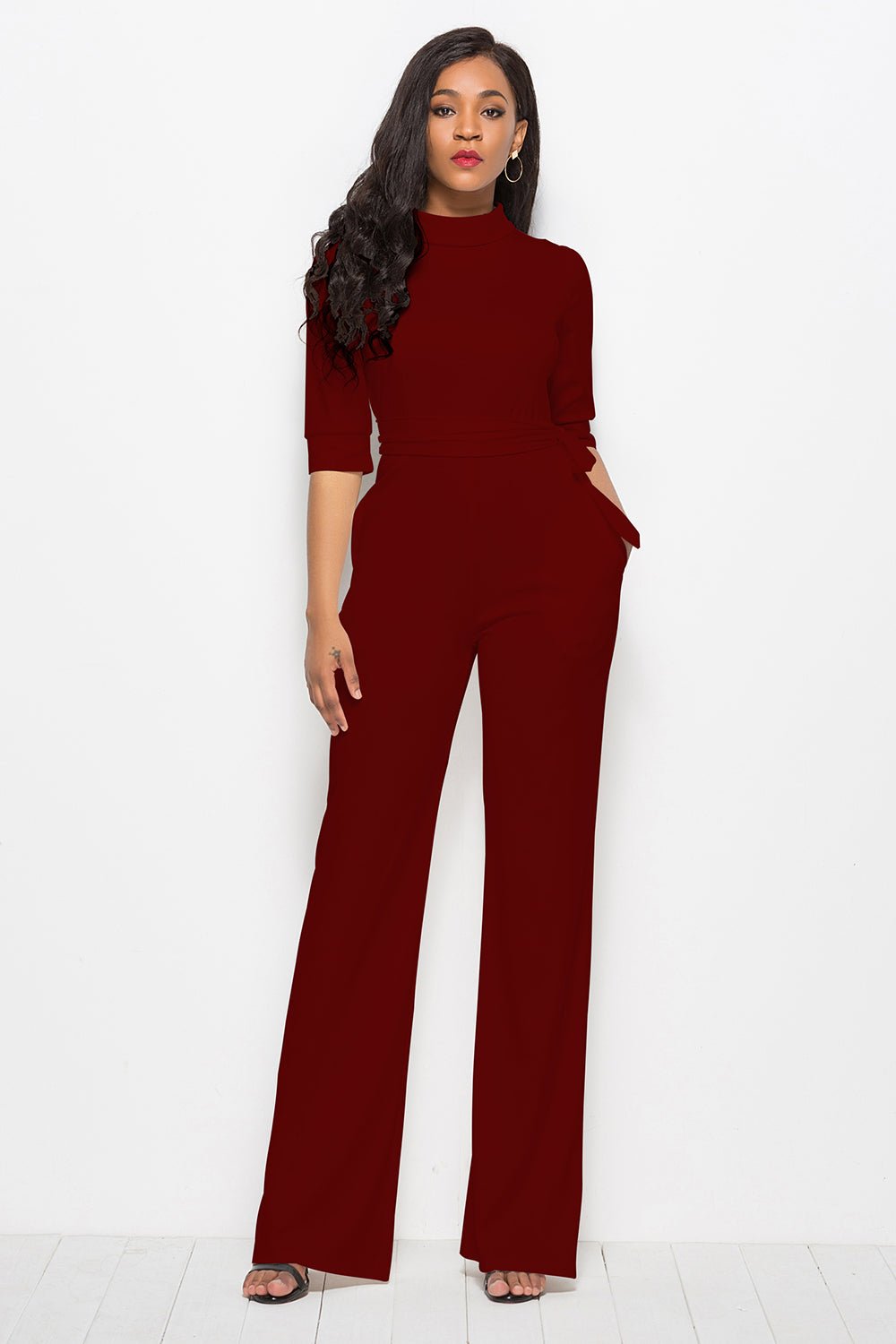 Mock Neck Tie - Waist Half Sleeve Jumpsuit - ViarousViarousViarous