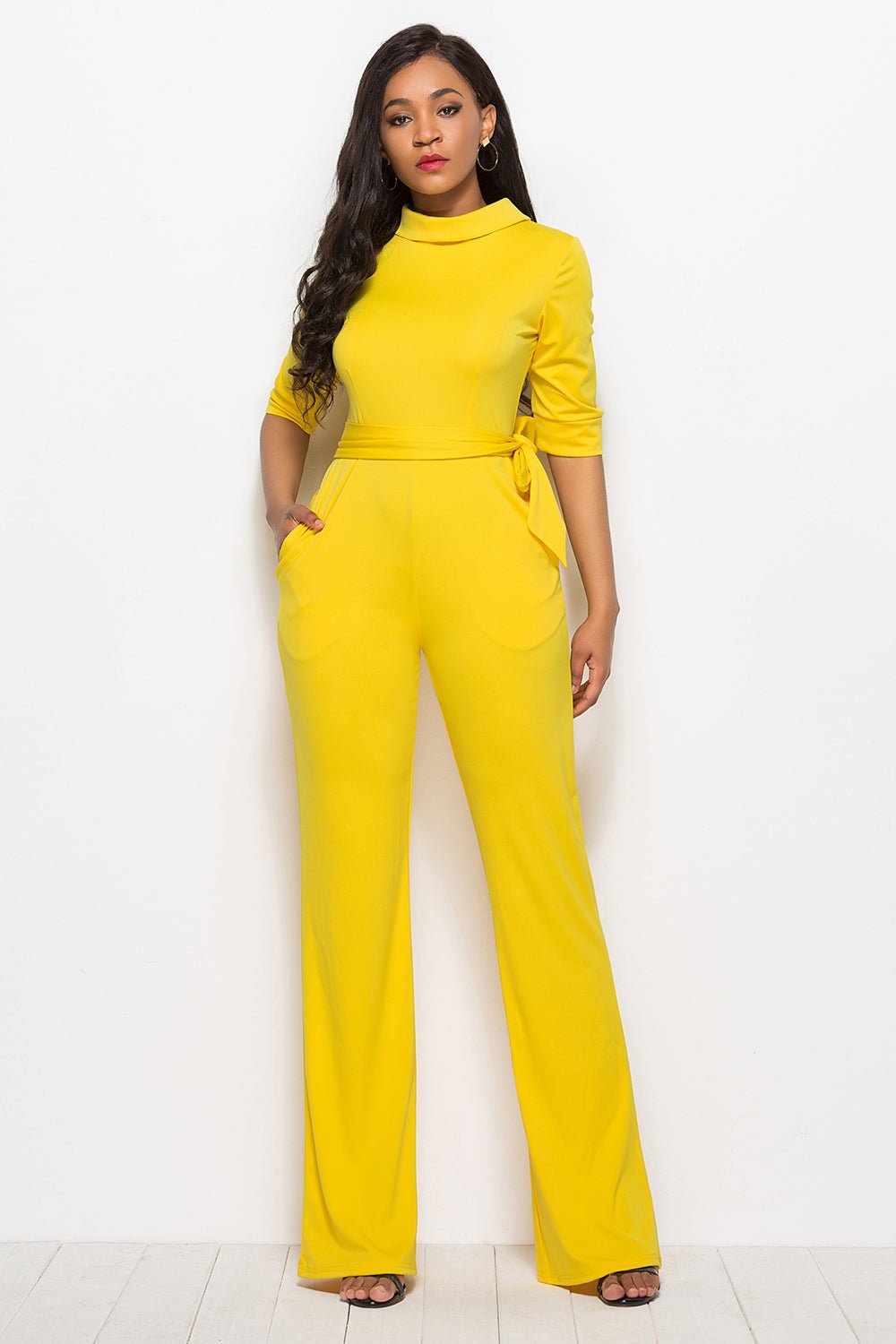 Mock Neck Tie - Waist Half Sleeve Jumpsuit - ViarousViarousViarous