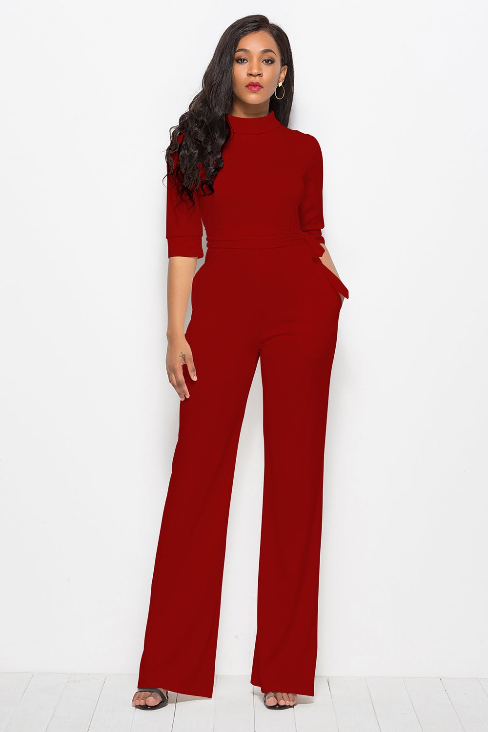 Mock Neck Tie - Waist Half Sleeve Jumpsuit - ViarousViarousViarous