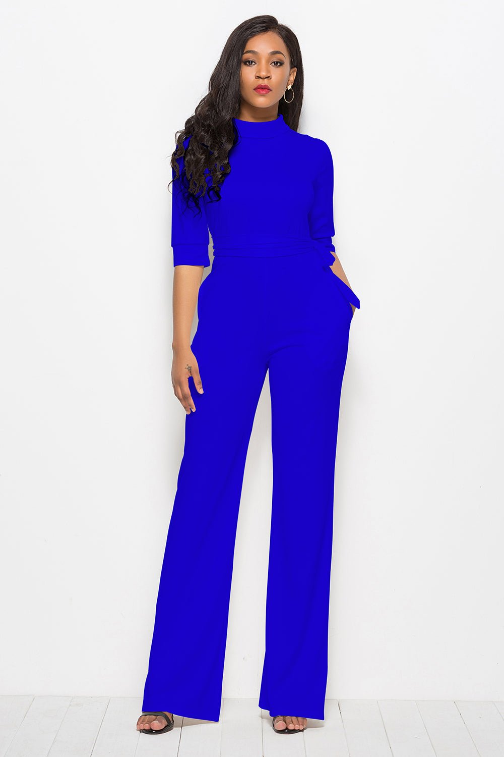 Mock Neck Tie - Waist Half Sleeve Jumpsuit - ViarousViarousViarous