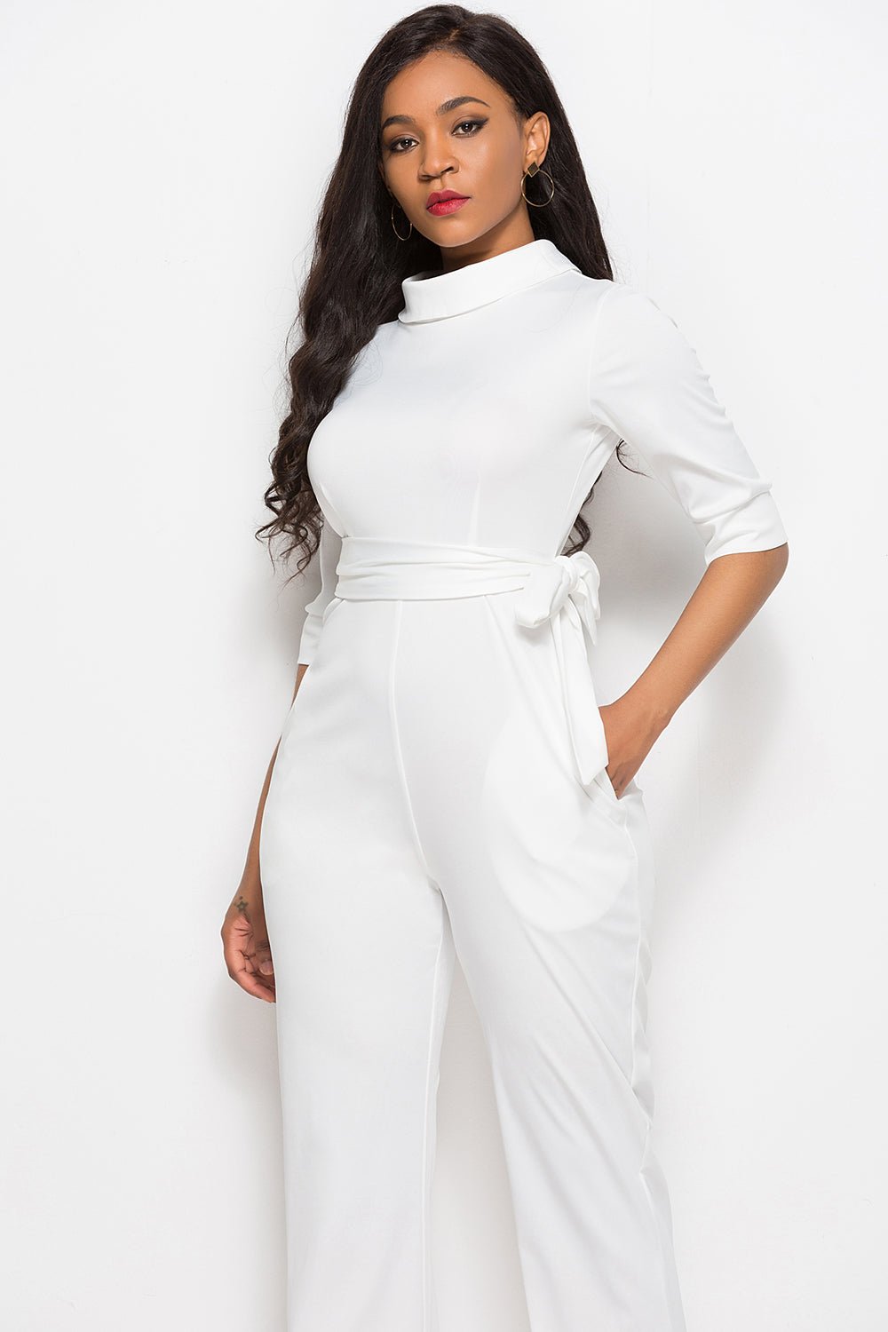 Mock Neck Tie - Waist Half Sleeve Jumpsuit - ViarousViarousViarous