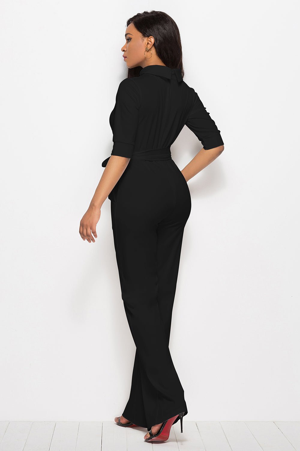 Mock Neck Tie - Waist Half Sleeve Jumpsuit - ViarousViarousViarous