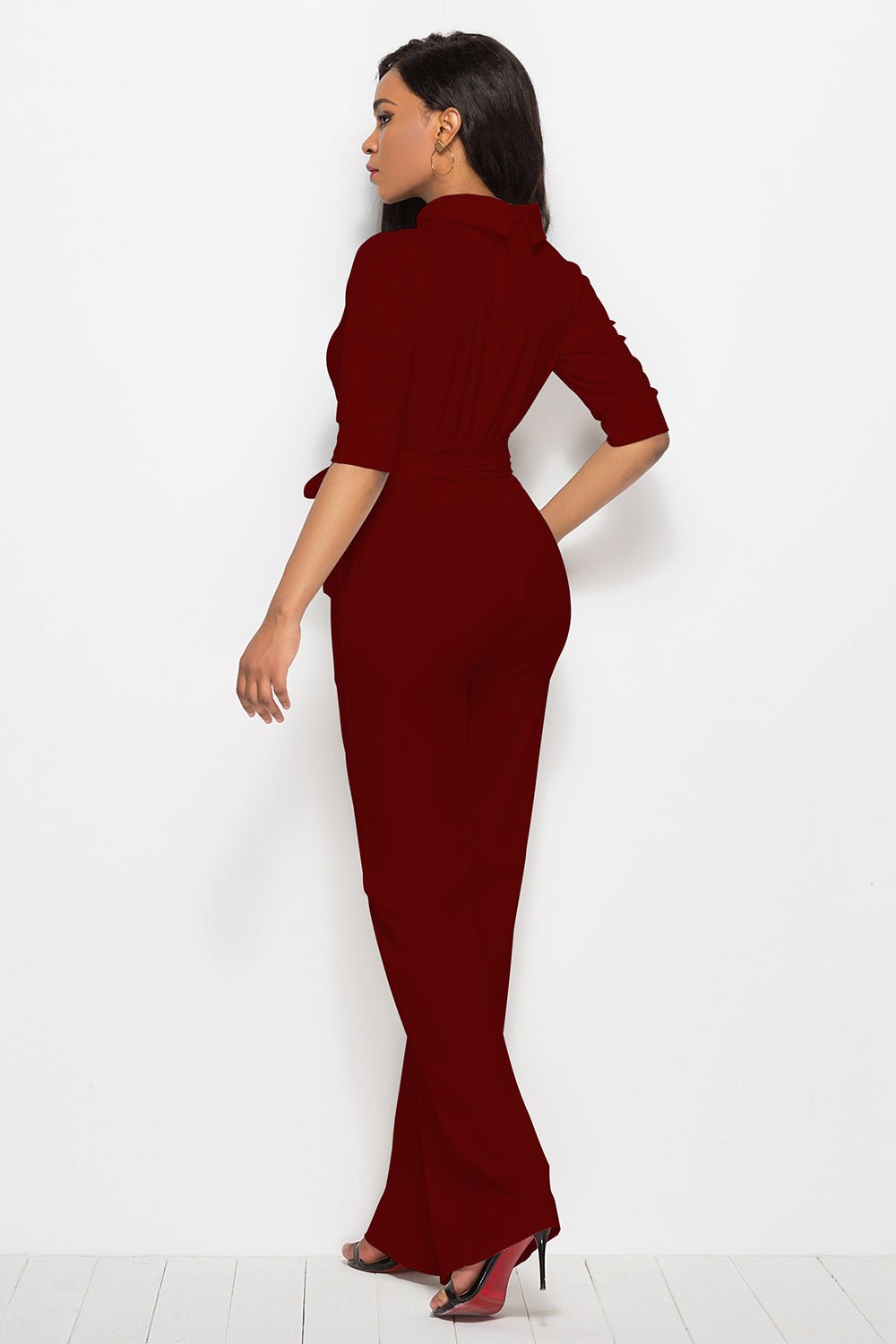Mock Neck Tie - Waist Half Sleeve Jumpsuit - ViarousViarousViarous