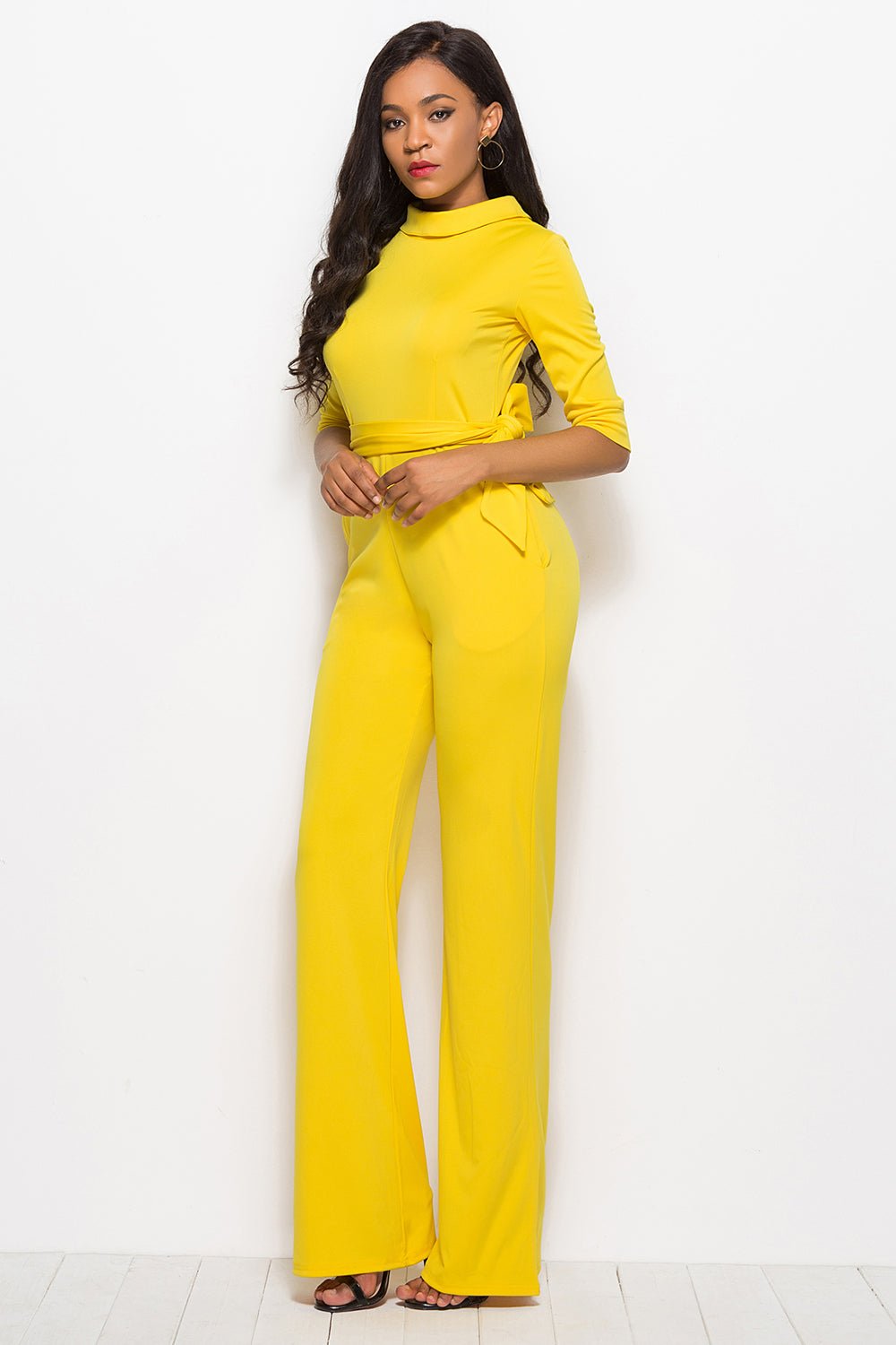 Mock Neck Tie - Waist Half Sleeve Jumpsuit - ViarousViarousViarous