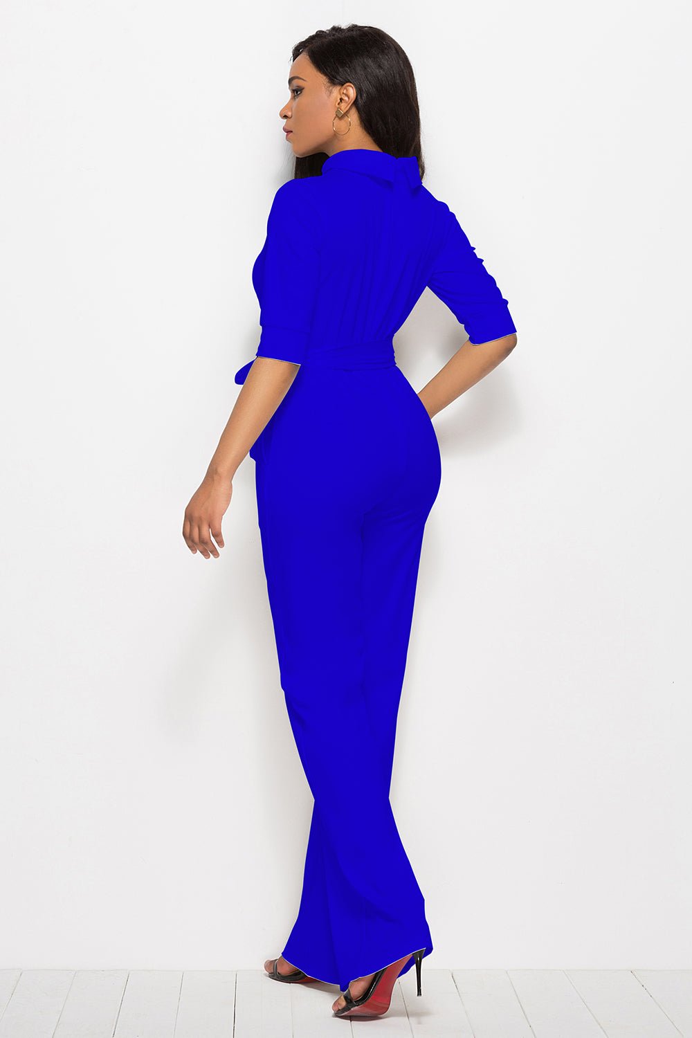 Mock Neck Tie - Waist Half Sleeve Jumpsuit - ViarousViarousViarous