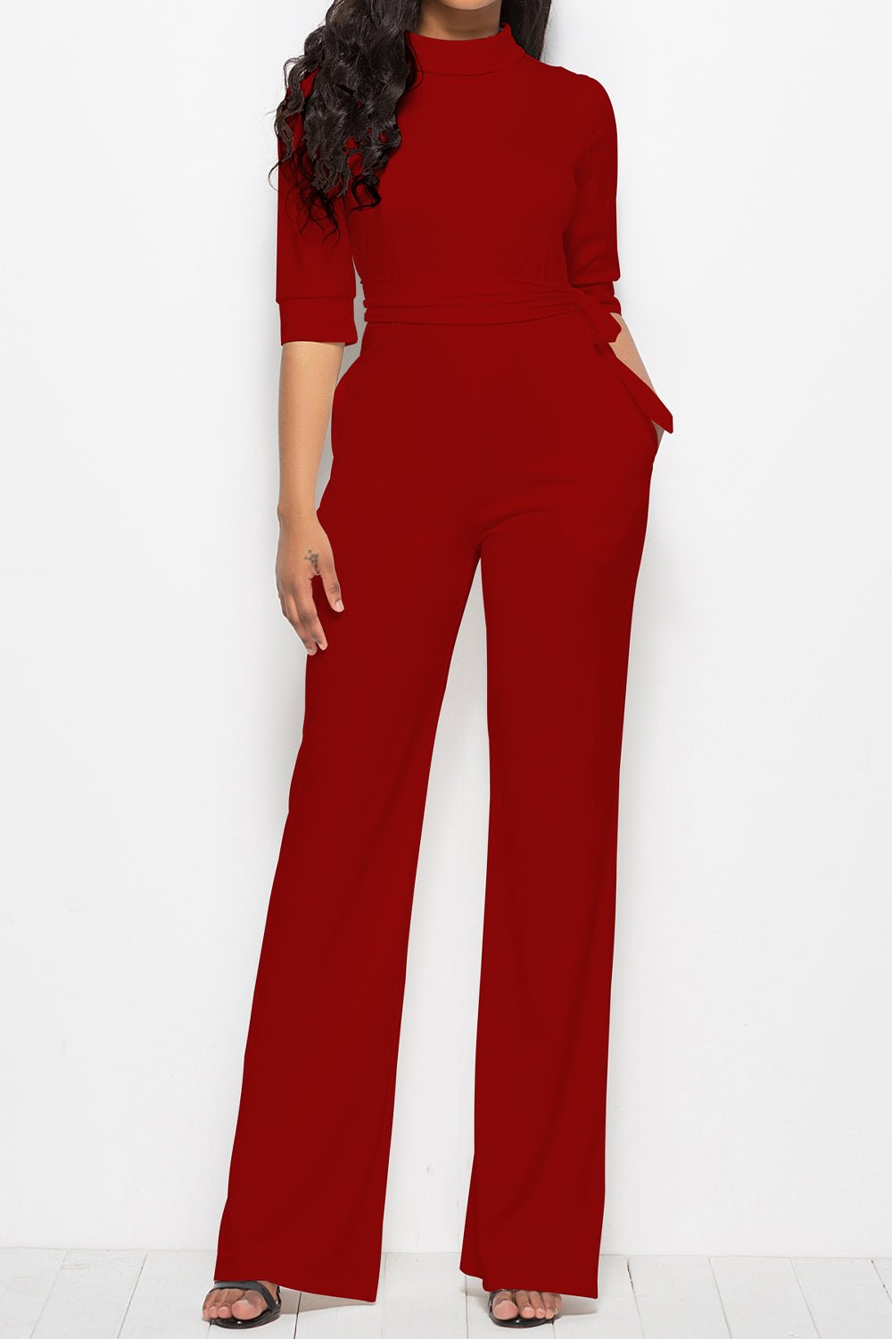Mock Neck Tie - Waist Half Sleeve Jumpsuit - ViarousViarousViarous