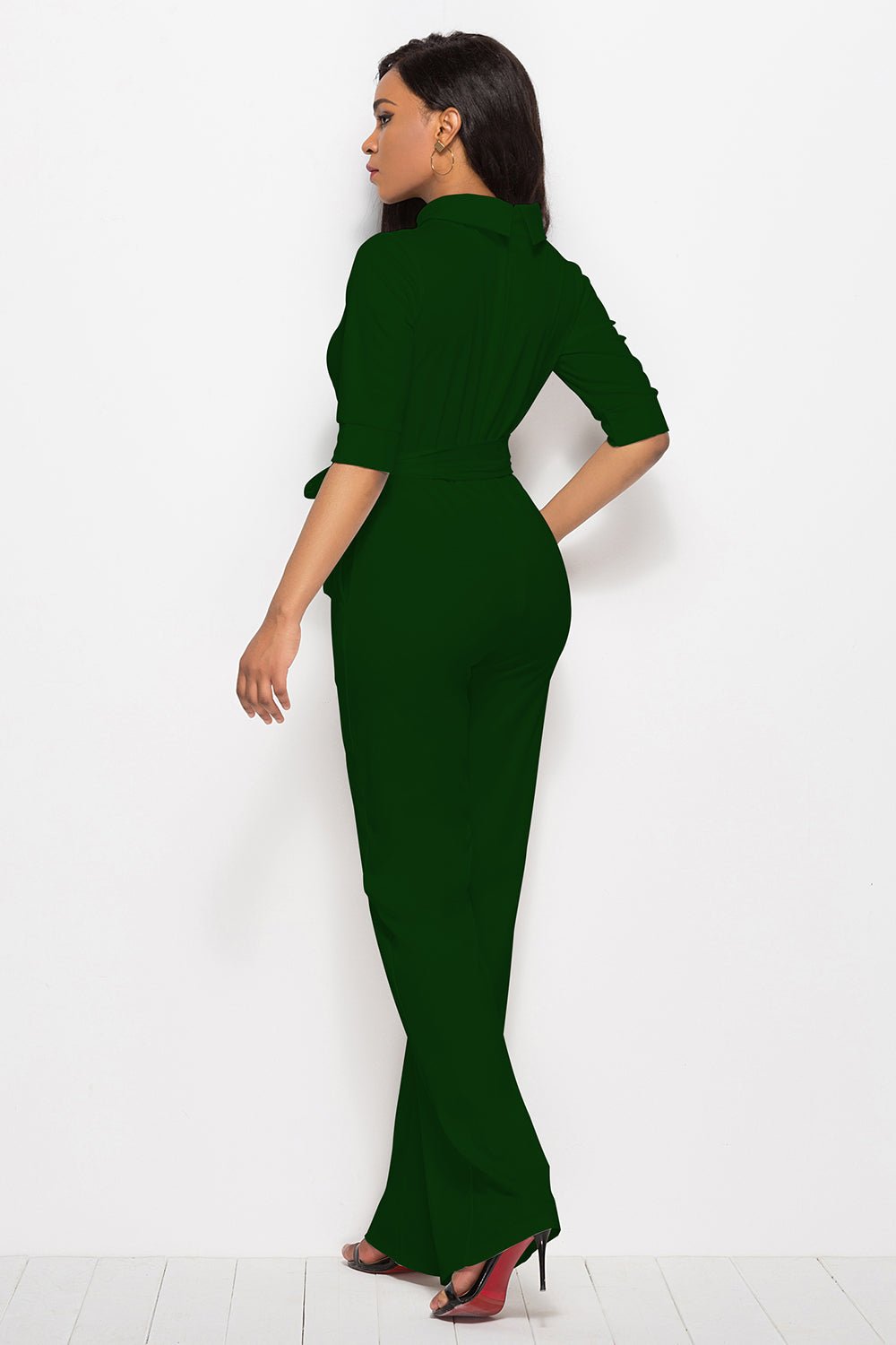 Mock Neck Tie - Waist Half Sleeve Jumpsuit - ViarousViarousViarous