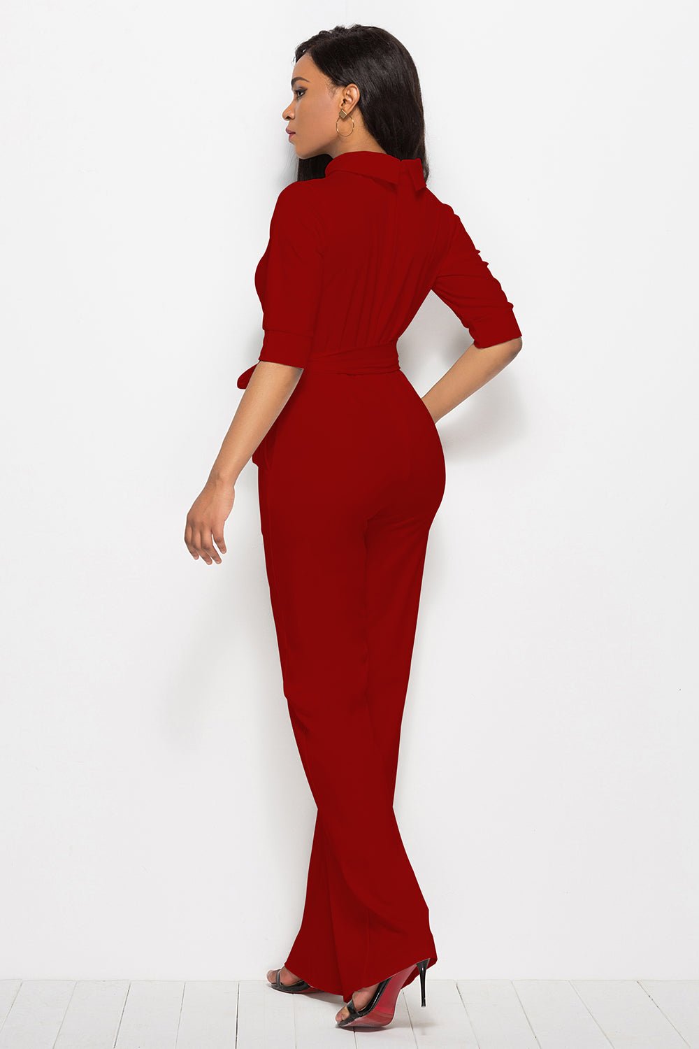 Mock Neck Tie - Waist Half Sleeve Jumpsuit - ViarousViarousViarous