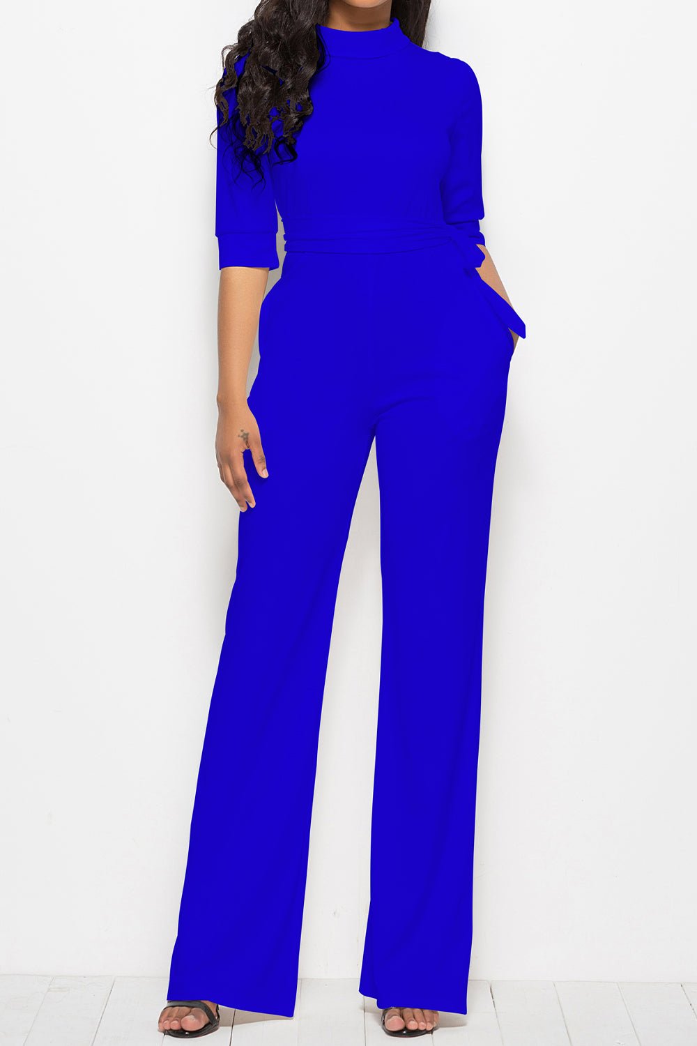 Mock Neck Tie - Waist Half Sleeve Jumpsuit - ViarousViarousViarous