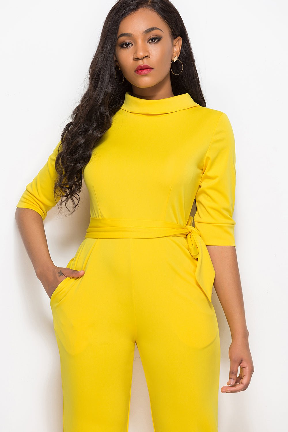 Mock Neck Tie - Waist Half Sleeve Jumpsuit - ViarousViarousViarous